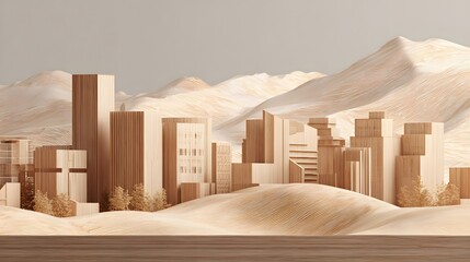 Abstract Miniature Cityscape Made of Wood Blocks and Sandy Dunes Under a Neutral Sky