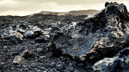 Jagged outcrops of volcanic rock sharp and uneven create a barren landscape under a hazy sky