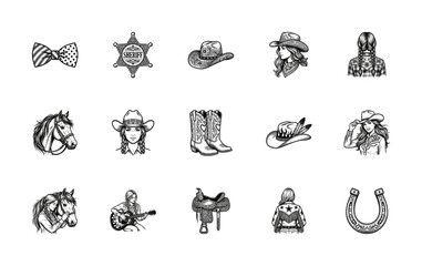 Naklejka premium Vintage Woodcut Coastal Cowgirl and Western Graphic Element Kit for Coquette Aesthetic Branding