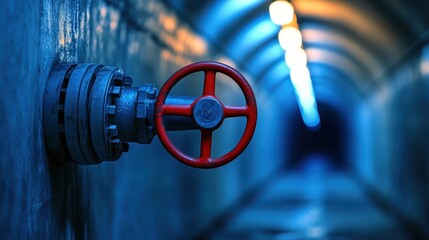 Large red metal emergency shut off valve with a prominent handwheel on an industrial pipe system with blue lighting in a tunnel