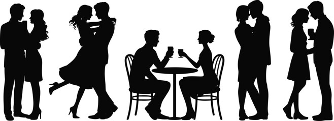 Obraz premium Romantic couples silhouette set showing love, dating, dinner, dancing, kissing and intimate moments, ideal for Valentine’s Day, wedding designs and relationship illustrations