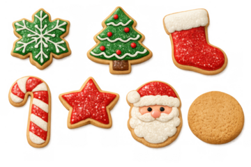 Assorted festive christmas butter and gingerbread cookies decorated with icing and glitter, cutout in holiday shapes on transparent background