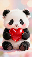 Adorable panda holding a shiny red heart. Cute romantic illustration perfect for love themes, valentines day, kids designs and kawaii art.