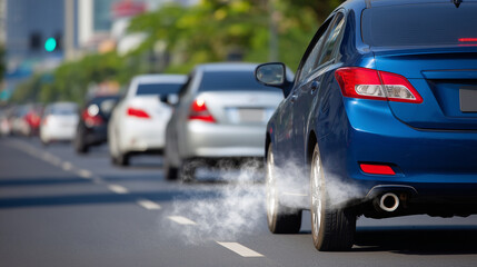 Fototapeta premium Traffic jam with vehicles emitting exhaust smoke on a congested road, close up, macro perspective of exhaust pipe with smoke, droplets of condensation on metal, cars packed tightly