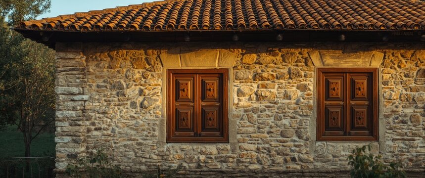 Traditional stone house exterior with wooden windows and terracotta tiled roof in rustic style - Powered by Adobe