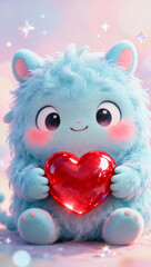Cute fluffy blue fantasy creature holding a glowing red heart. Whimsical illustration perfect for love themes, kids designs and magical characters.