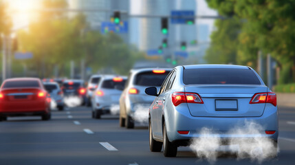 Fototapeta premium Traffic jam with vehicles emitting exhaust smoke on a congested road, close up, focus on hatchback and van emitting fumes, smoky haze blurring surrounding cars, sunlight creating g