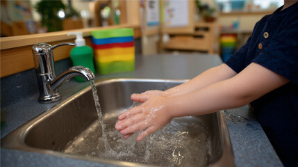 Fototapeta premium A child washing hands at a sink in a colorful classroom, promoting hygiene and cleanliness, close-up of small hands under running water, colorful soap dispenser nearby, bright clas
