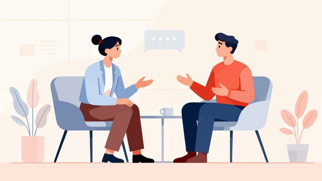 Two people are sitting in chairs and talking to each other. The man is wearing a red shirt and the woman is wearing a blue shirt