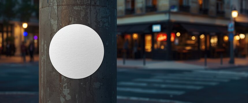 Street scene with a round blank sticker mockup glued to a pillar, featuring a white textured label template