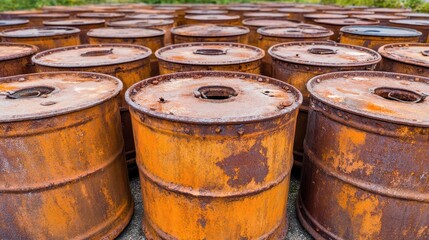 Rows of Rusted Metal Barrels Showing Pitted and Corroded Surfaces in an Outdoor Storage Area