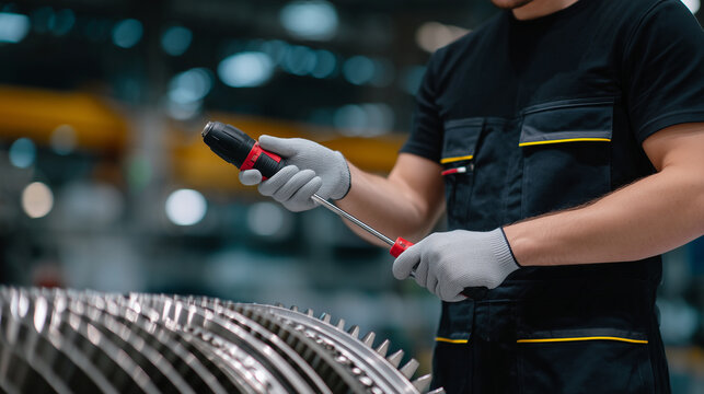 Close-up of hands in gloves handling tools near an aircraft engine, showcasing maintenance and precision work in aviation, screwdriver tightening a panel screw, engine turbine blad