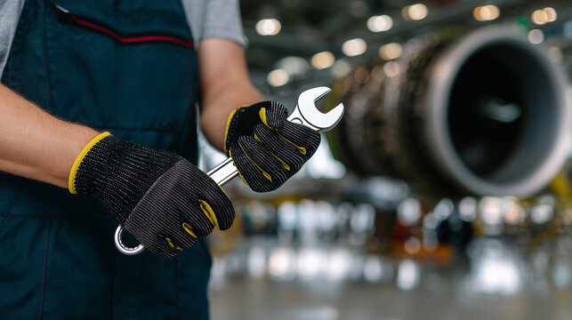 Close-up of hands in gloves handling tools near an aircraft engine, showcasing maintenance and precision work in aviation, wrench adjusting engine bolts, metallic engine parts refl