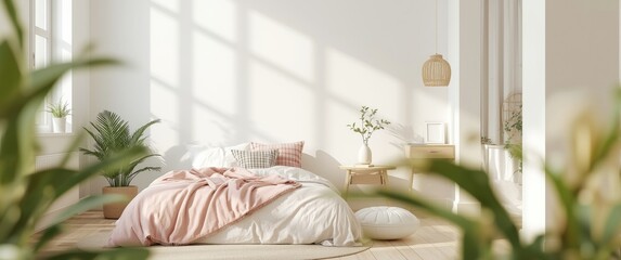 Light, charming bedroom design with unmade bed, pink plaid, cushions, and a white wall background, 3D rendering