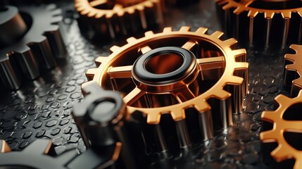 Precisely meshed copper and steel gears in a complex mechanical system demonstrating engineering and industrial power