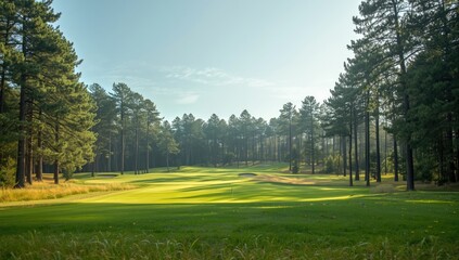Naklejka premium Golf course with pine trees and yellow and green grass creating a natural backdrop for layout design