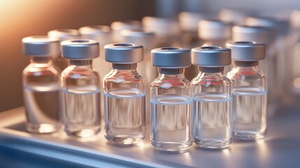 Rows of sealed clear glass vaccine vials filled with liquid and standing upright on a surface in a laboratory or pharmaceutical setting