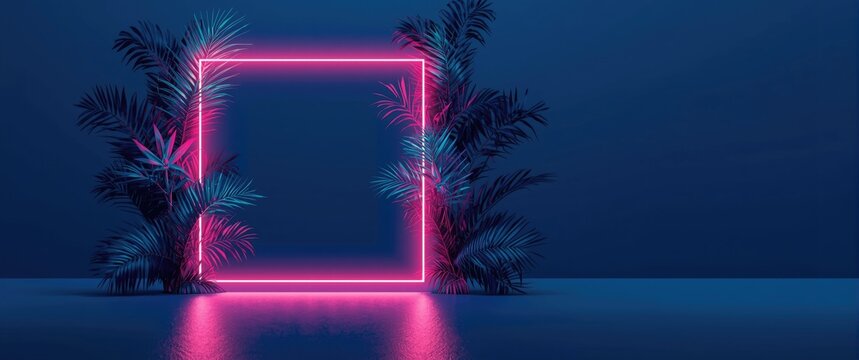 Tropical blue background featuring a neon light square frame