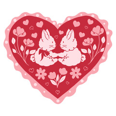 Valentine's Day crafted card. Heart frame in doodle lace style with romantic rabbits, hearts anf flowers. Vector hand drawn vintage illustration for postcards, invitations, ads, branding, gift