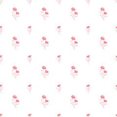 Floral seamless pattern. Simple repeating background with small minimalist pink flowers. Spring, summer design on white background. Hand drawn vector for printing on surfaces, web, wrapping, fabric