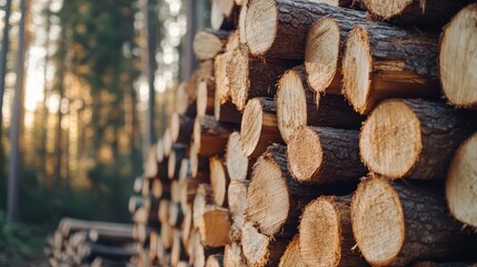 Stacked rough hewn logs forming a rustic barricade in a forest setting