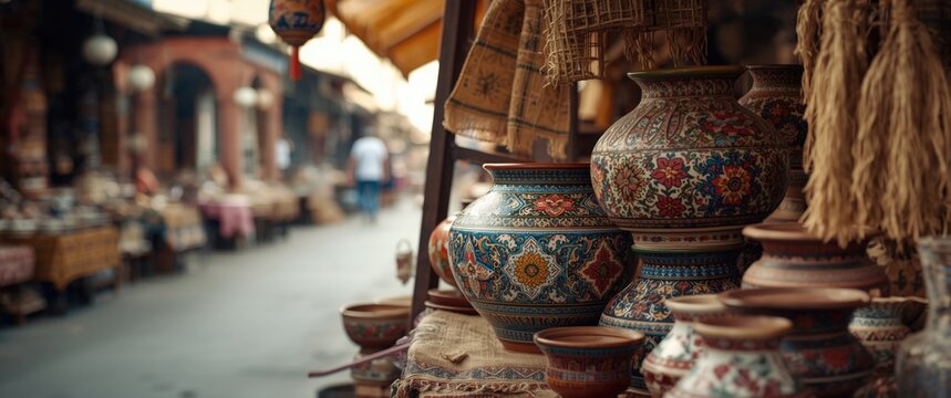 Traditional Asian design pottery available at street market