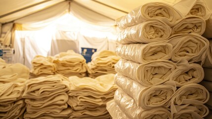 Stacks of white medical gauze rolls packaged in sterile wrappers displayed indoors under a tent structure
