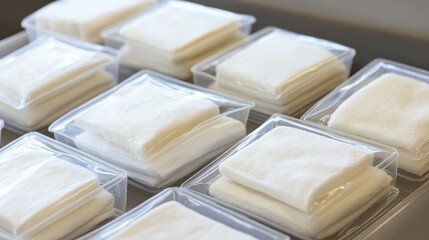 Stacks of thin white food sheets neatly arranged in transparent plastic containers ready for culinary preparation