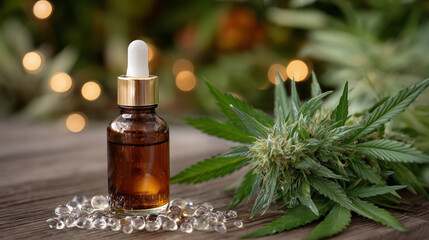 Close-up of a dropper bottle next to cannabis leaves and droplets on a surface, emphasizing natural and herbal elements, angled composition with pipette angled toward camera, leave
