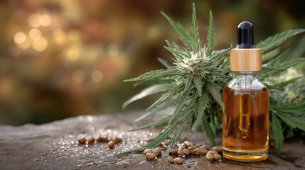 Close-up of a dropper bottle next to cannabis leaves and droplets on a surface, emphasizing natural and herbal elements, angled composition with pipette angled toward camera, leave
