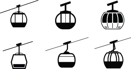 Set of 6 gondola lift cabin icons in varied styles, ideal for transport, tourism, ski resort, and engineering themes. © Shirina