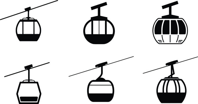 Set of 6 gondola lift cabin icons in varied styles, ideal for transport, tourism, ski resort, and engineering themes.