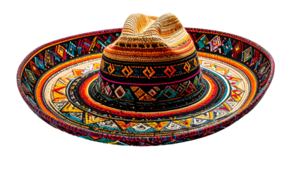 Vividly decorated straw sombrero against black background, intricately patterned