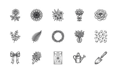 Obraz premium Vintage Engraving Botanical and Gardening Graphic Element Kit for Floristry and Horticulture Branding