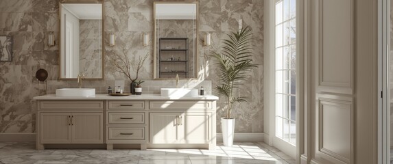 Bathroom in upscale residence with double vanity, mirrors, and farmhouse sinks