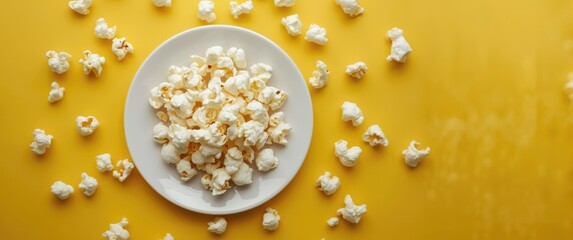 Obraz premium Fresh popcorn on a white plate with a yellow background, close-up and selective focus, top view