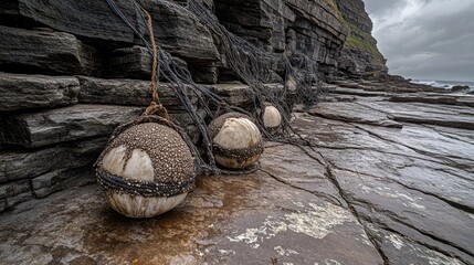 Weathered fishing net with barnacle encrusted buoys resting on a rocky coastline