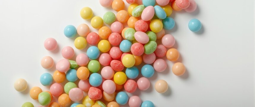 Colorful chewy gumballs arranged on a plain white background