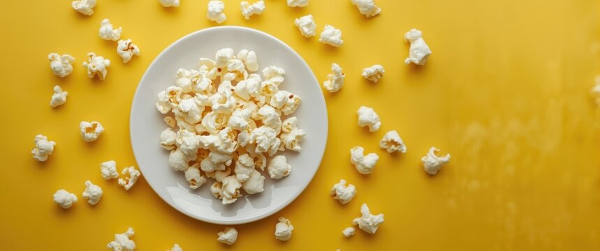 Fresh popcorn on a white plate with a yellow background, close-up and selective focus, top view