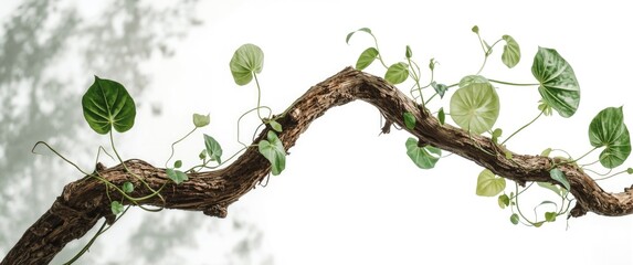 Morning glory leaves climbing a twisted jungle liana isolated on white background