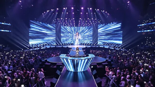 Epic EDM DJ performance in futuristic arena with cheering crowd.