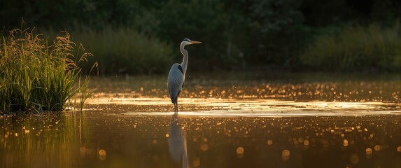 Fototapeta premium Sunlit Platte River scene featuring herons and insects