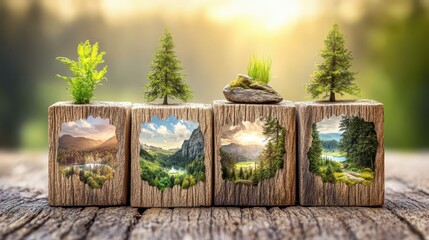 Wooden blocks display miniature natural landscapes with vibrant trees and scenic mountain views under bright sunlight