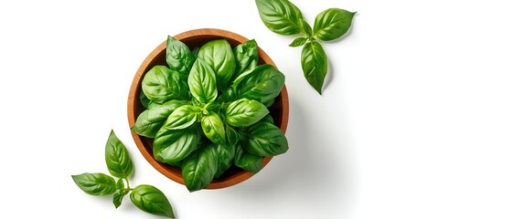 Wooden bowl with fresh early-season Thai basil leaves, Ocimum basilicum var. thyrsiflora, a variation of sweet basil from Southeast Asia, known for its anise- and licorice-like taste