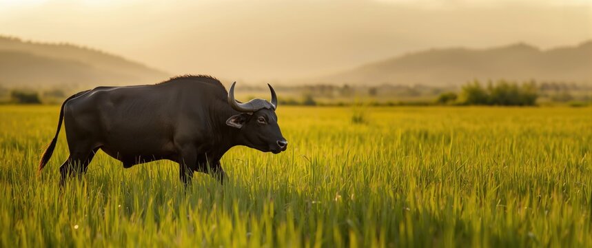 Northern Thailand buffalo grazing in a grass field, historically used by peasants to plough rice fields