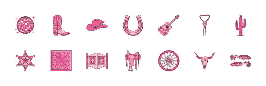 Pink Vector Line Art Disco Cowgirl and Western Graphic Asset Kit for Nashville Bachelorette Party