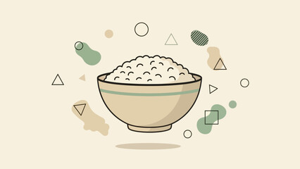 Minimalistic Rice Bowl Illustration with Abstract Geometric Shapes and Soft Color Tones