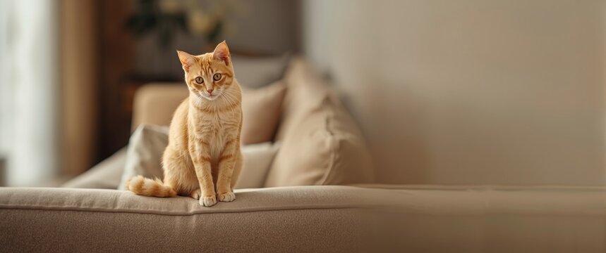 Sitting yellow cat on the sofa