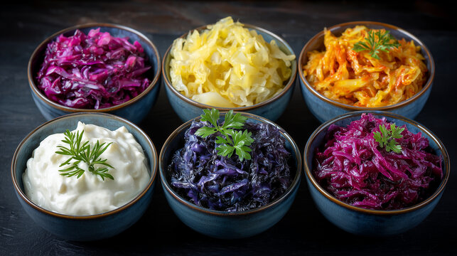 Five probiotic-rich foods in a circle, promoting gut health with vibrant colors, overhead shot with negative space around circle for text or design, bowls containing kimchi, sauerk