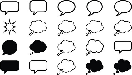 Set of black and white comic speech and thought bubbles with starburst shapes, isolated dialogue, chat and message icons for comics and graphic design © Shirina